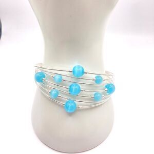 Silver Wire Blue Glass Bead Floating Cuff Bracelet